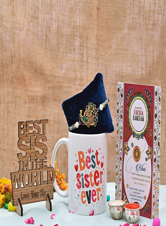 Pride Store Presents Best Rakhshabandhan Combo for Sister - Beautifully Designed Peacock Rakhi for Sister | Rakhi Gift for Sister | "Best Sister Ever" Printed Coffee Mug | "Best Sis In The World" Wooden Showpiece | Heartfelt Quoted Greeting Card comes with Roli and Chawal | Gifts for Sister, Didi, Bahen, Rakhi Gift Combo - Image 4